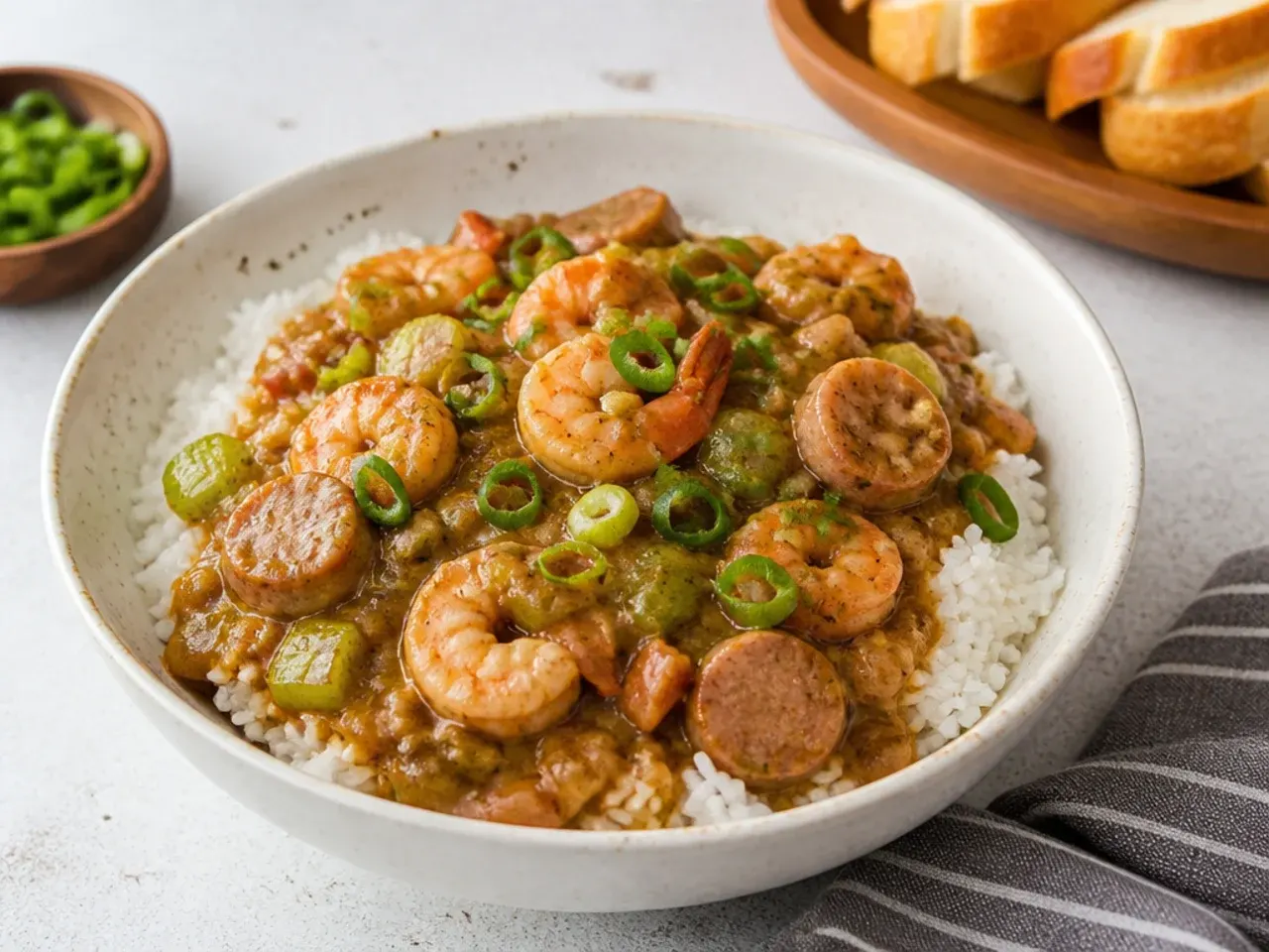 Bowl of homemade gumbo served over white rice with sliced spring onions
