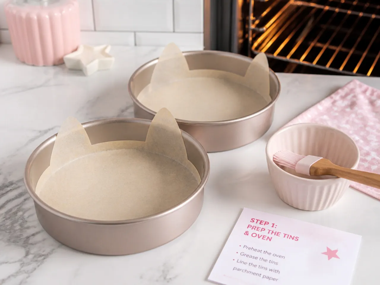 homemade hello kitty cake — step 1: prep the tins and oven