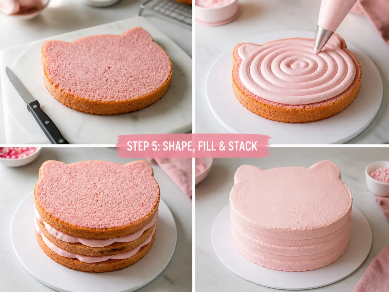 homemade hello kitty cake — step 5: shape, fill and stack