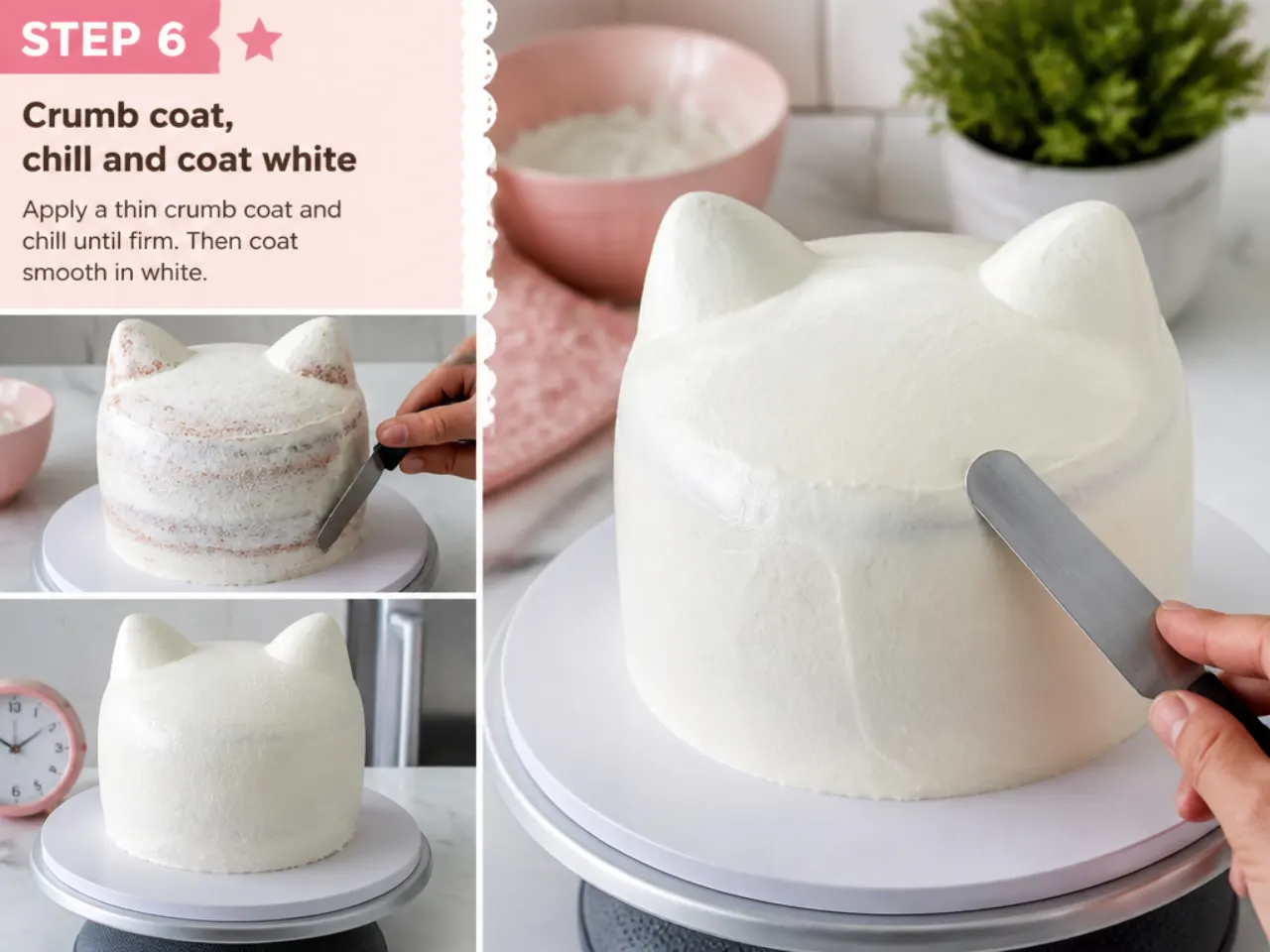 homemade hello kitty cake — step 6: crumb coat, chill and coat white