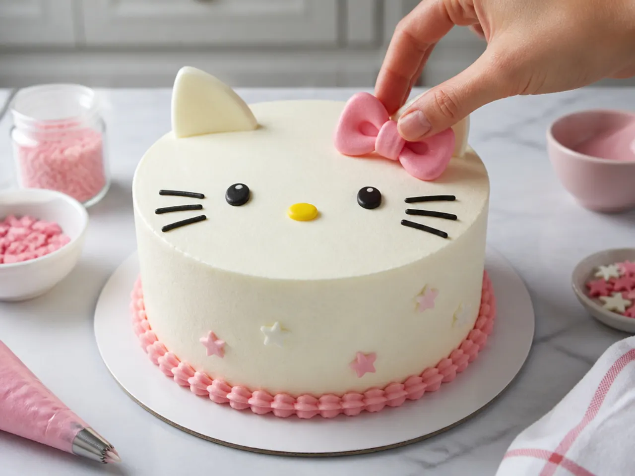 homemade hello kitty cake — step 7: decorate