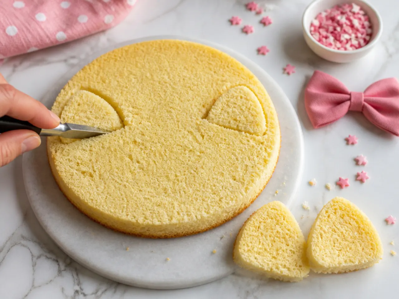 Chilled vanilla sponge layers being cut into ear shapes for a homemade Hello Kitty cake
