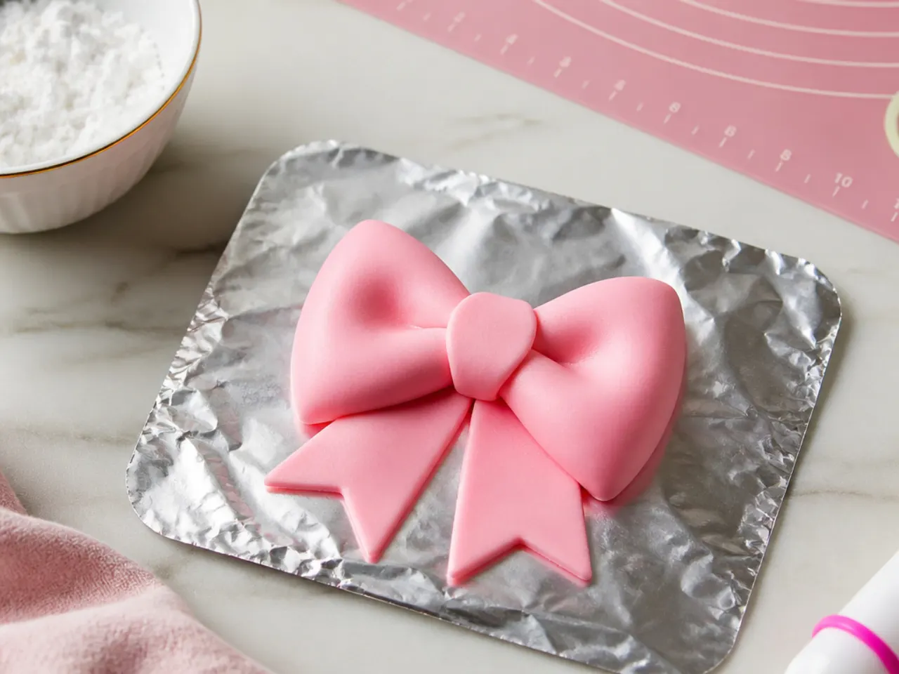Pink fondant bow drying on foil for a DIY Hello Kitty cake