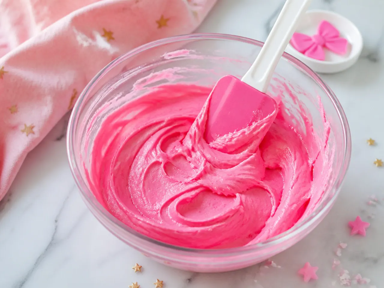 Bright pink gel-coloured buttercream being mixed for a Hello Kitty birthday cake