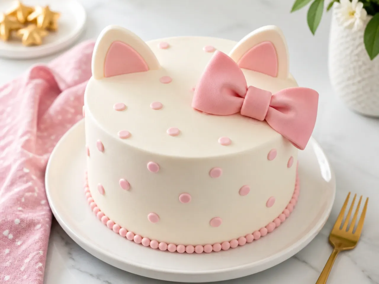 Hello Kitty inspired cake decorated with a pink bow, polka dots and ear shapes