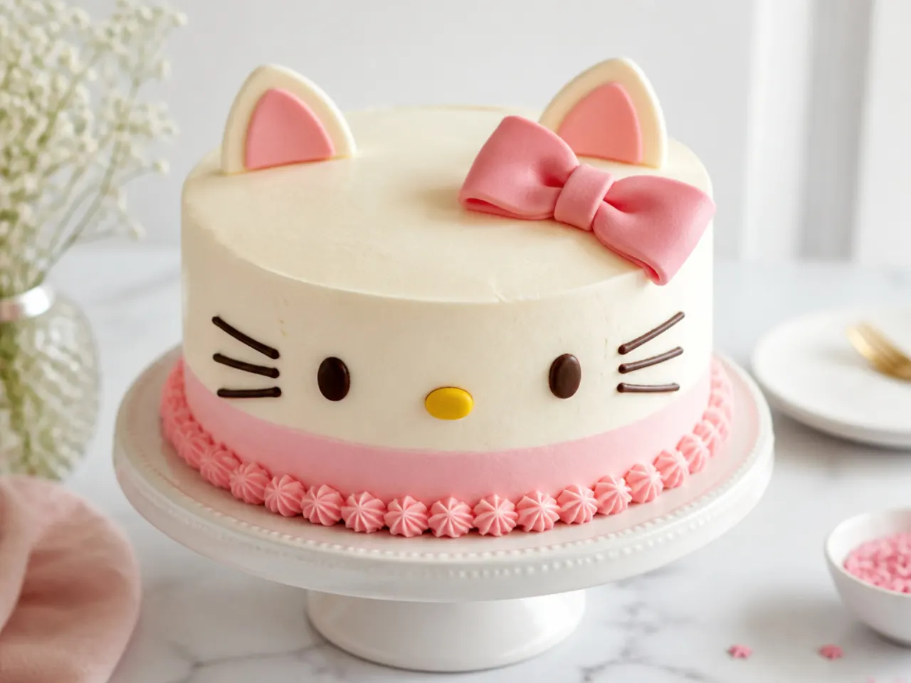 Finished homemade Hello Kitty cake with pink bow on a white cake stand