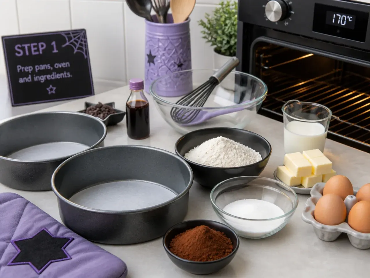 homemade kuromi cake — step 1: prep pans, oven and ingredients