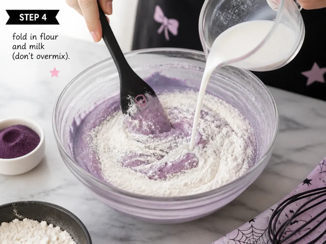 homemade kuromi cake — step 4: fold in flour and milk (don't overmix)
