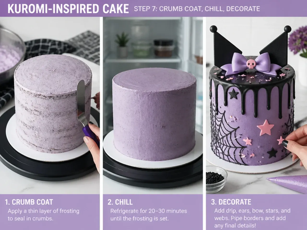 homemade kuromi cake — step 7: crumb coat, chill, decorate