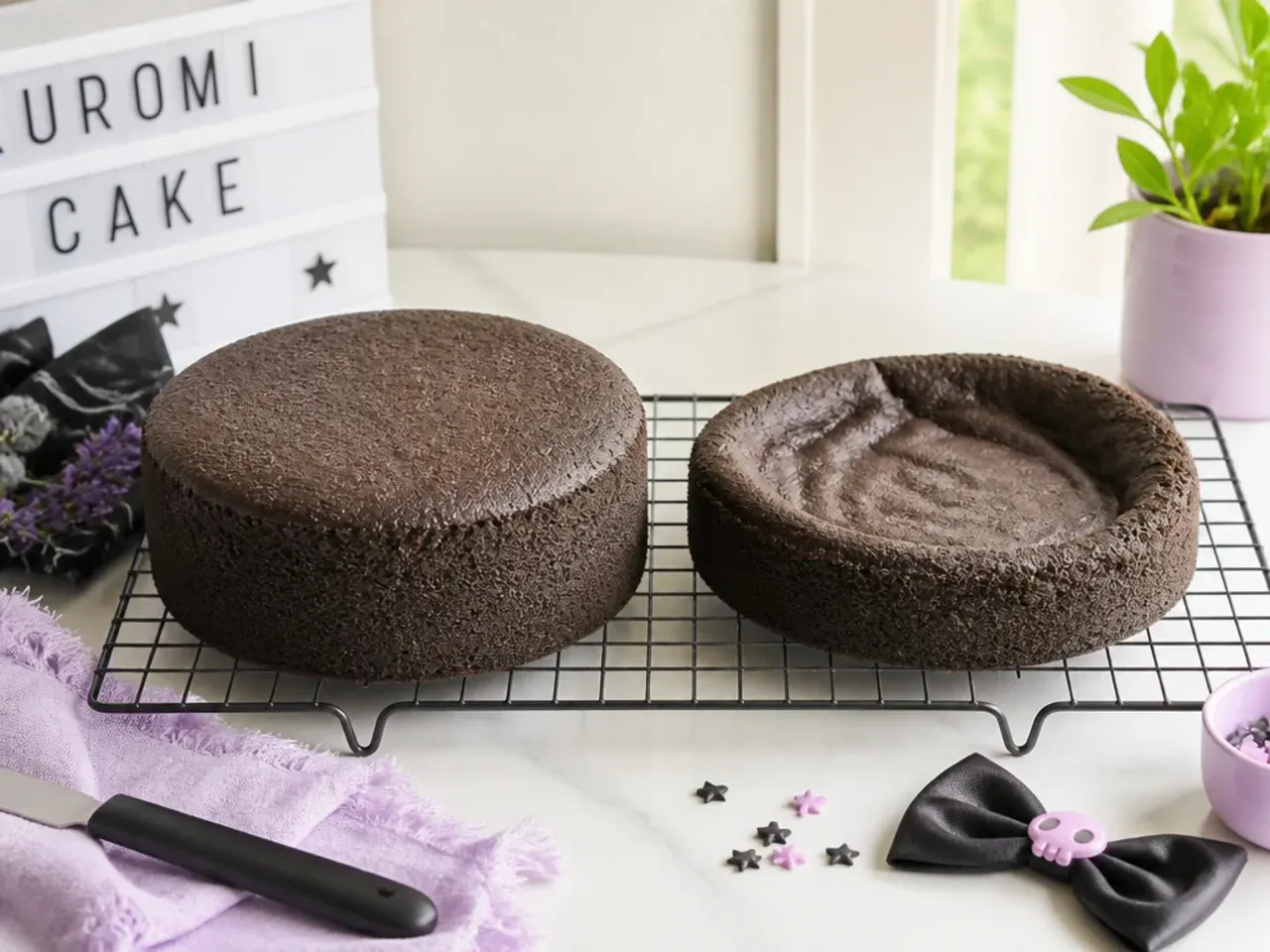 Homemade Kuromi cake sponge layers cooling, one risen level and one sunken from overmixing