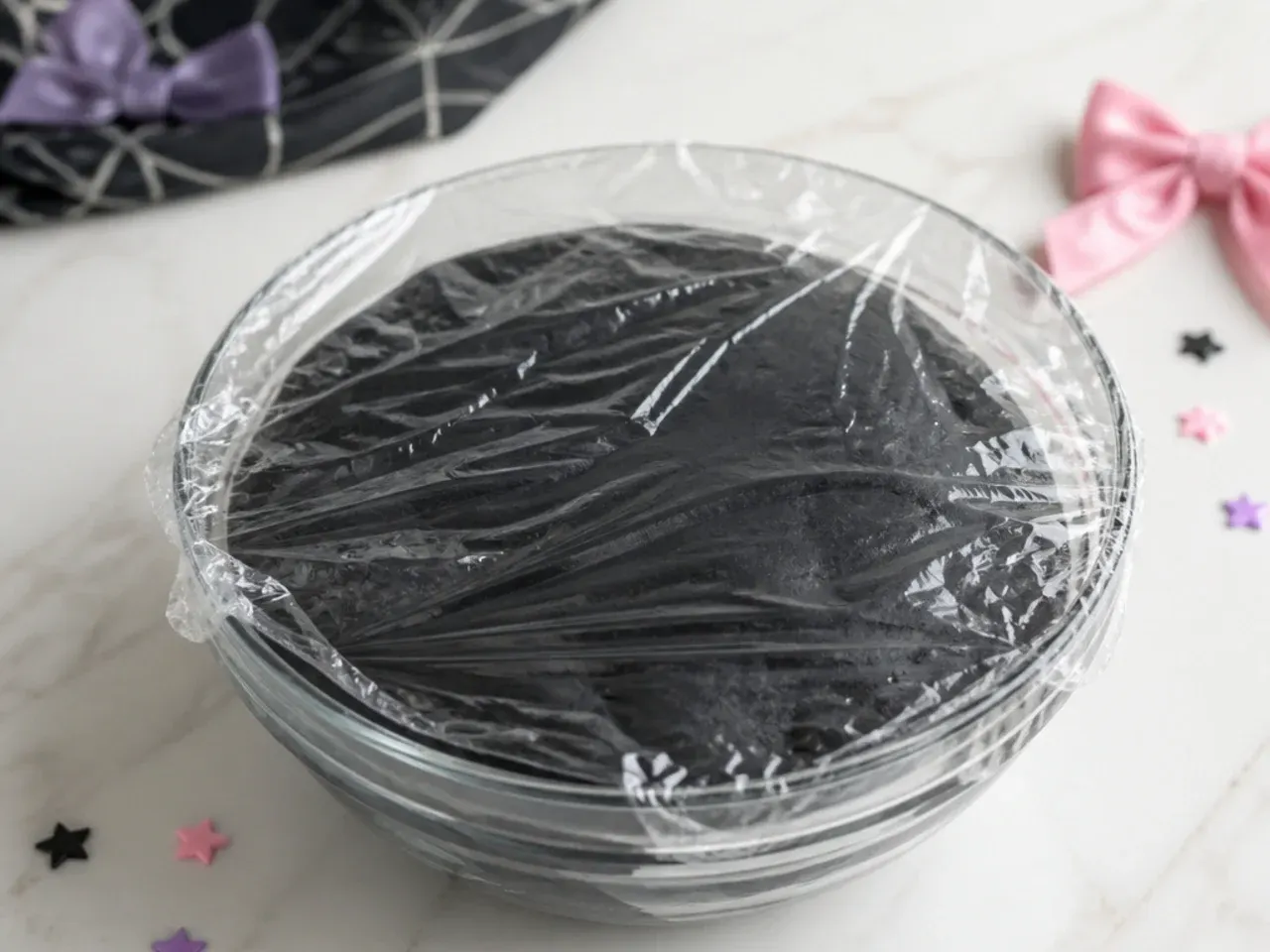 Deep black buttercream for a homemade Kuromi cake resting under cling film to darken