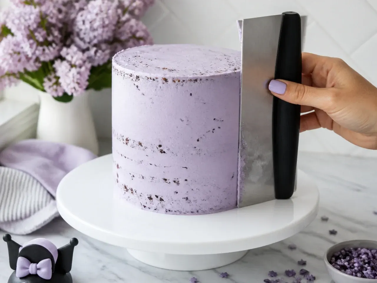 Lilac crumb coat being scraped smooth on a chilled homemade Kuromi cake