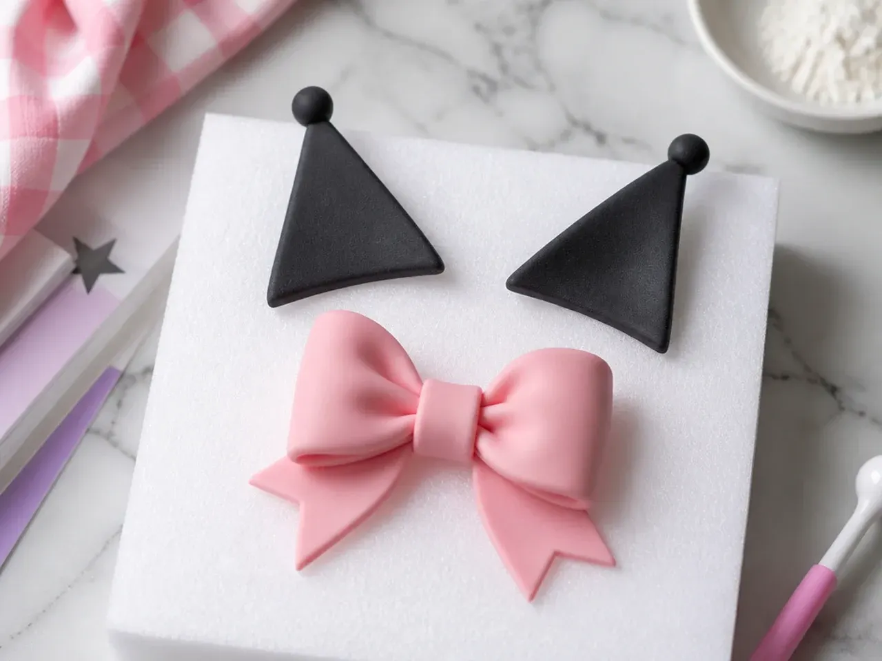 Dried pink fondant bow and pointed ear shapes for a homemade Kuromi cake on a foam pad
