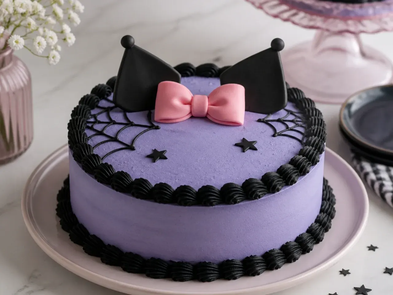 Clean lilac homemade Kuromi cake with black shell border and a single pink bow