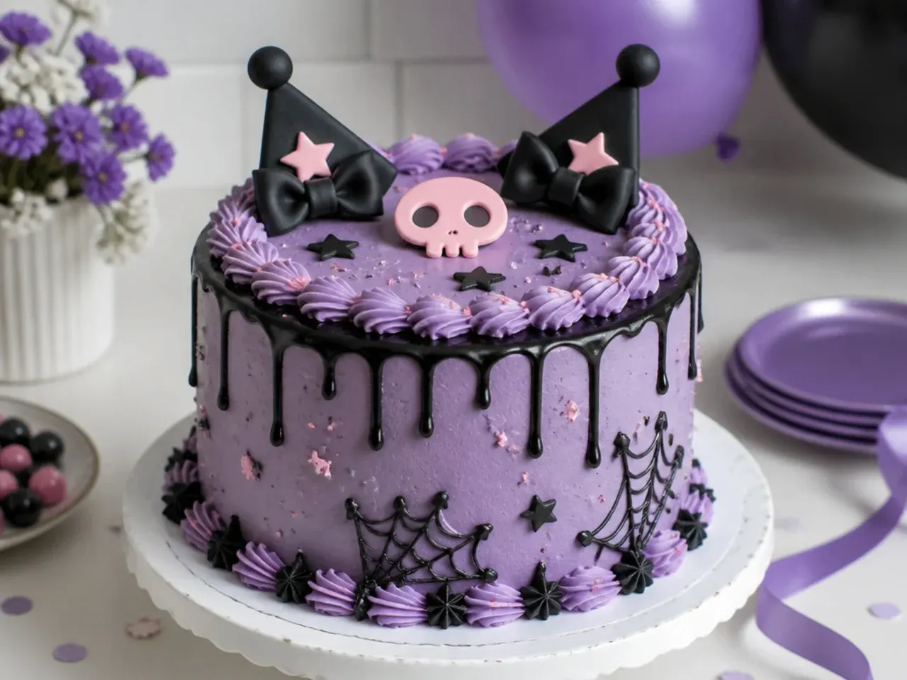 Finished homemade Kuromi cake in purple, black and pink on a party table