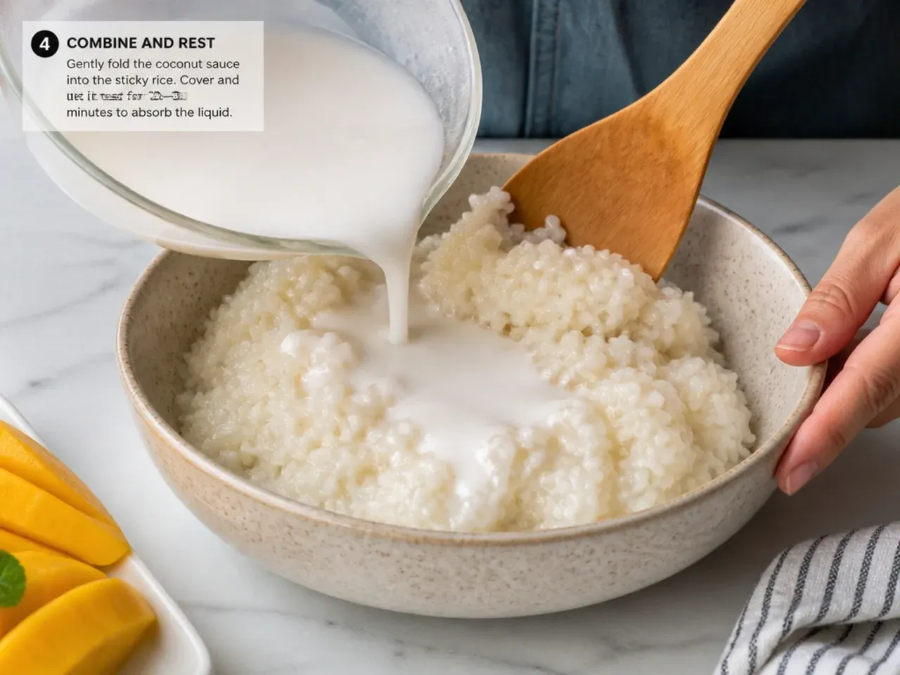 homemade mango sticky rice — step 4: combine and rest