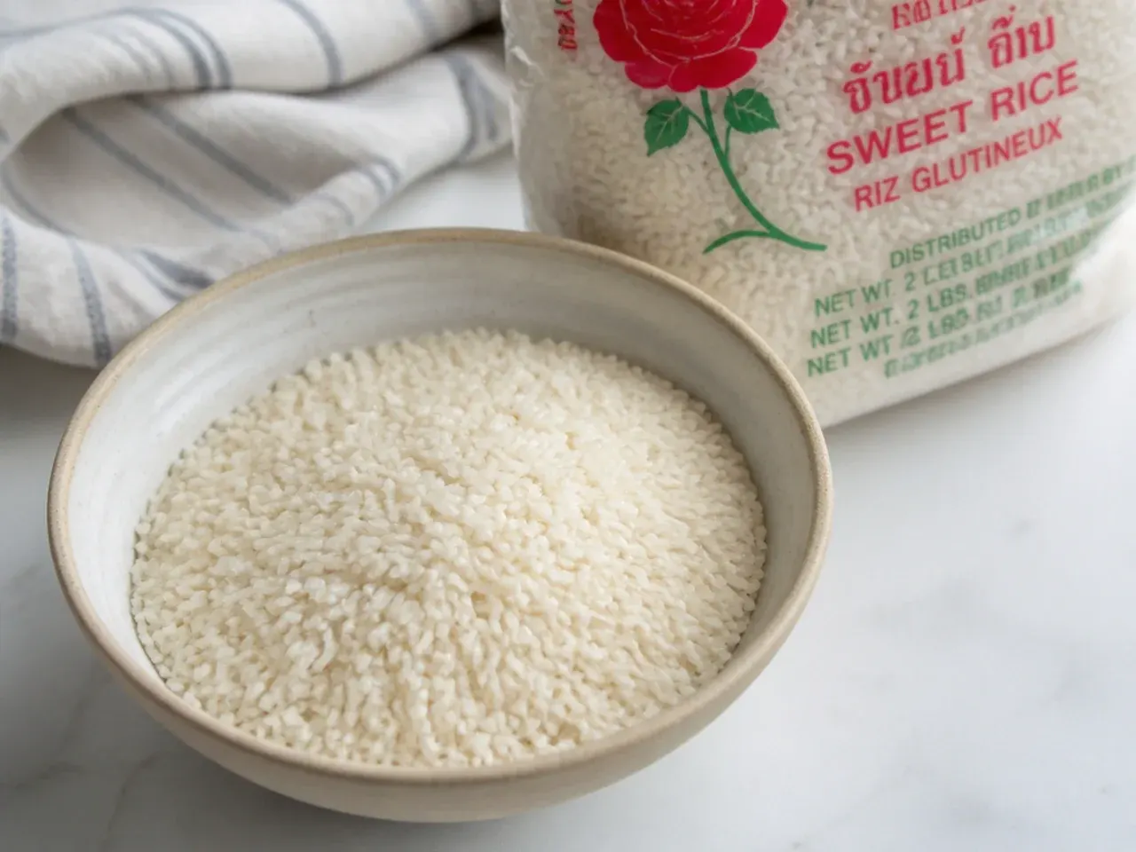Uncooked Thai glutinous rice grains for homemade mango sticky rice next to a bag of sweet rice