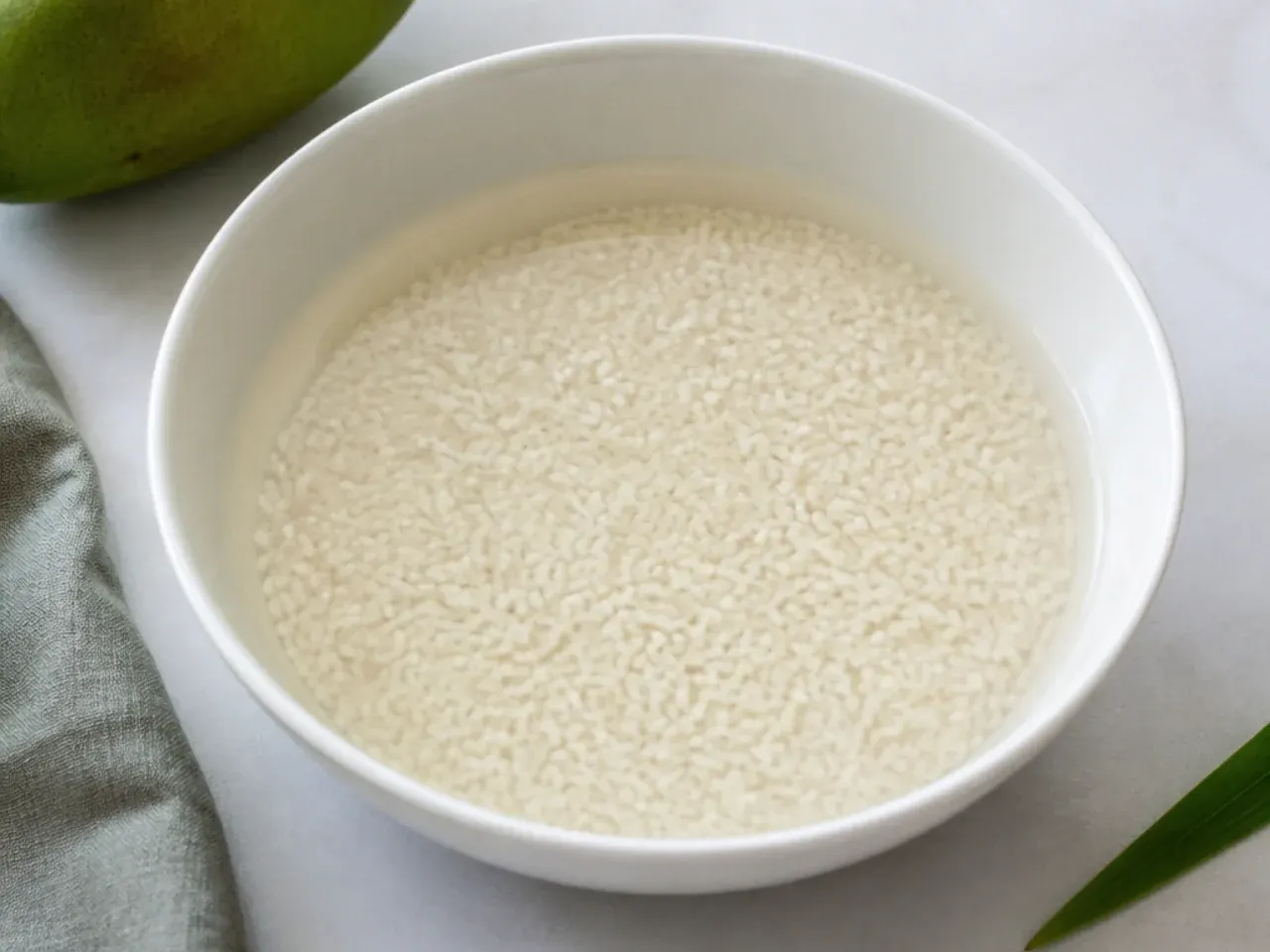 Glutinous rice soaking in cold water, the first step of homemade mango sticky rice