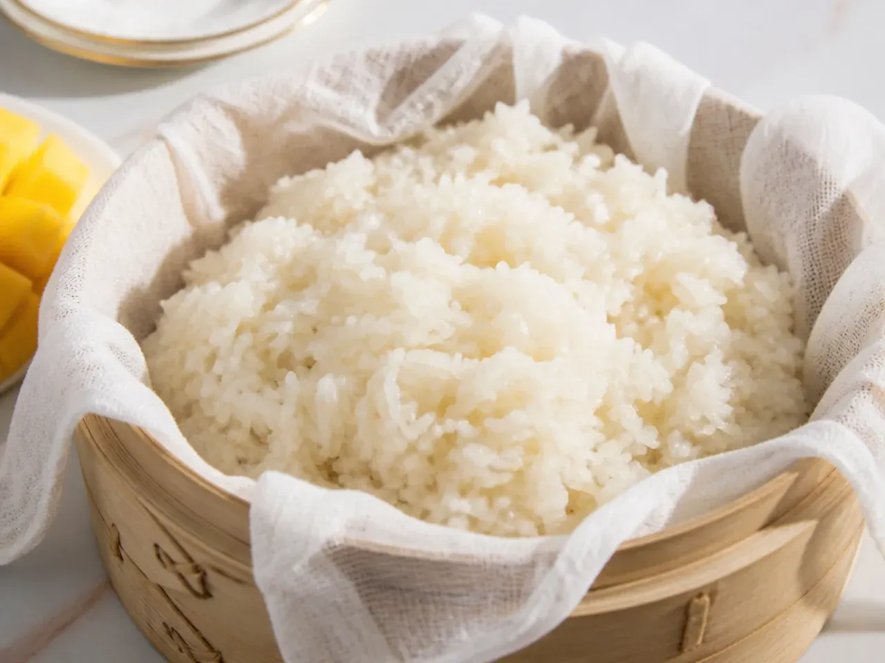 Sticky rice steaming in a cheesecloth-lined basket for Thai mango sticky rice