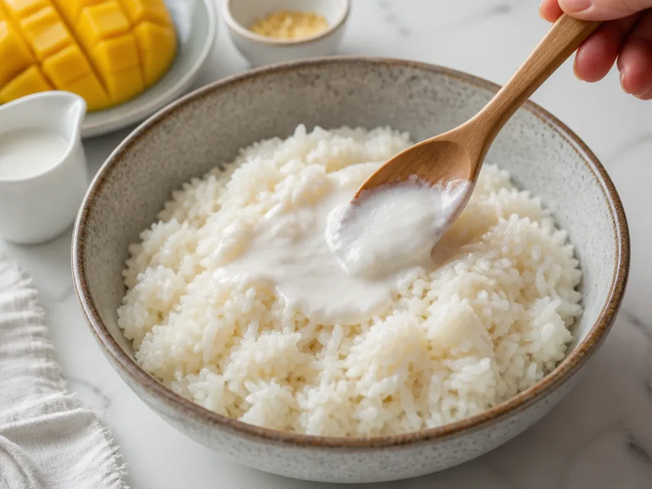 Sweetened coconut milk sauce being stirred into steamed rice for homemade mango sticky rice