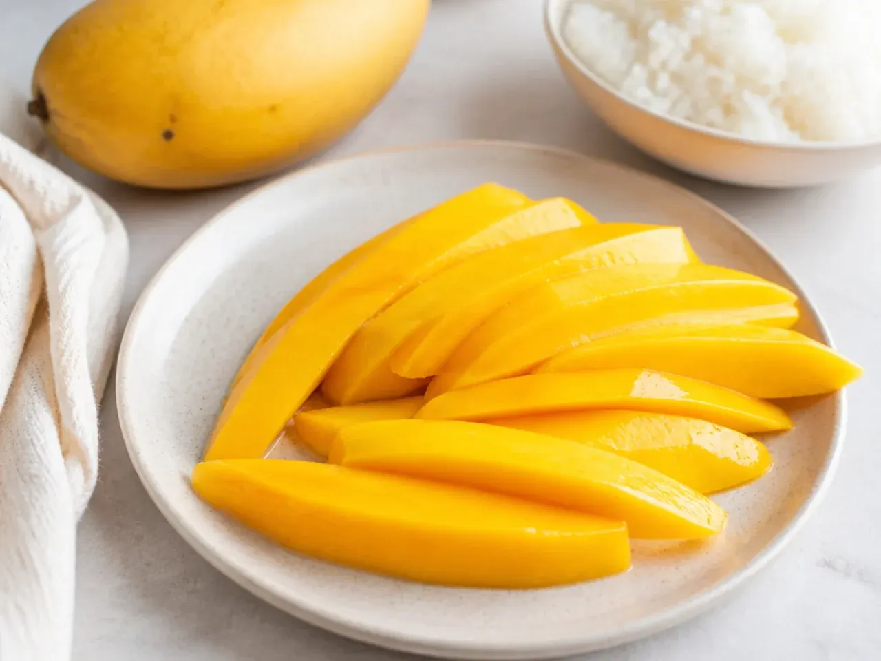 Ripe yellow Ataulfo mango sliced into strips for Thai mango sticky rice dessert