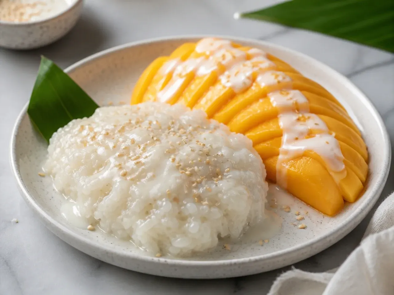 Plated homemade mango sticky rice with salted coconut cream drizzle and sesame seeds