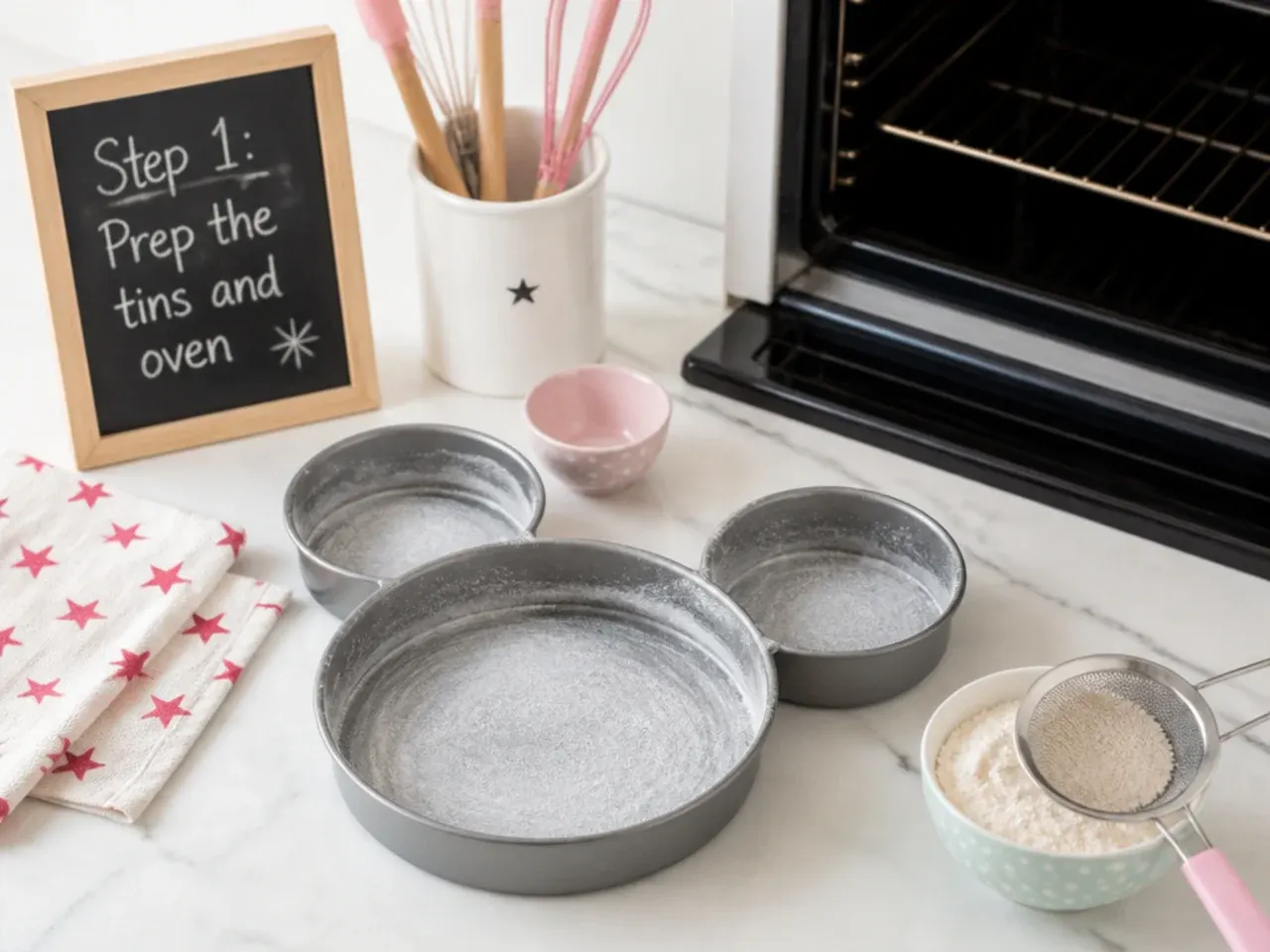 homemade minnie mouse cake — step 1: prep the tins and oven