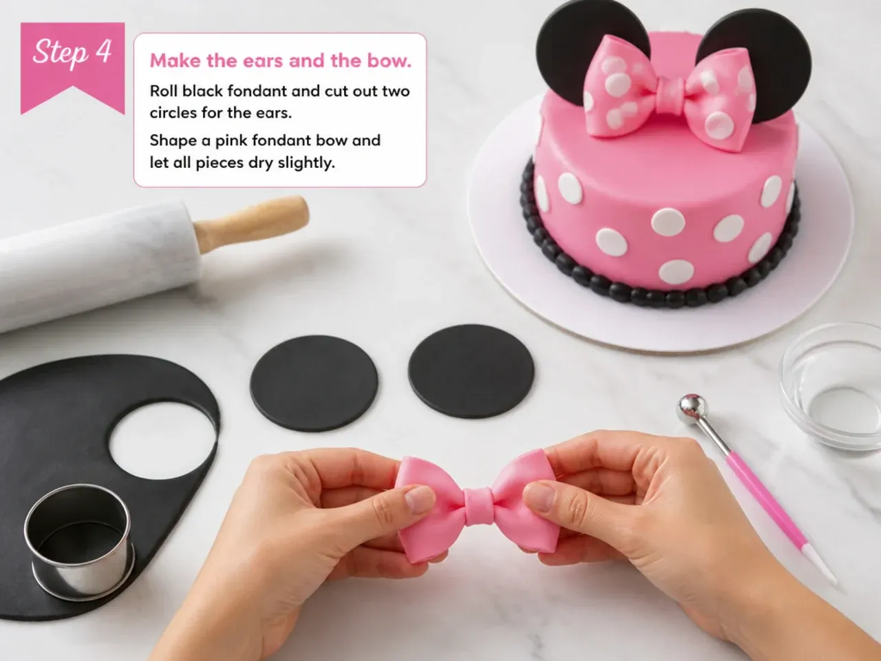 homemade minnie mouse cake — step 4: make the ears and the bow