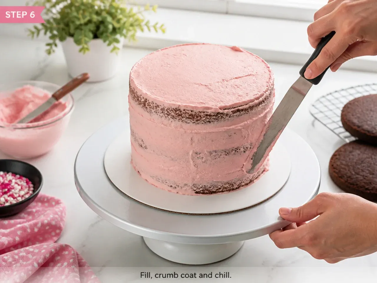 homemade minnie mouse cake — step 6: fill, crumb coat and chill