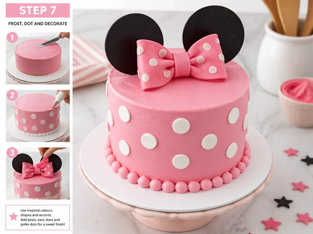 homemade minnie mouse cake — step 7: frost, dot and decorate