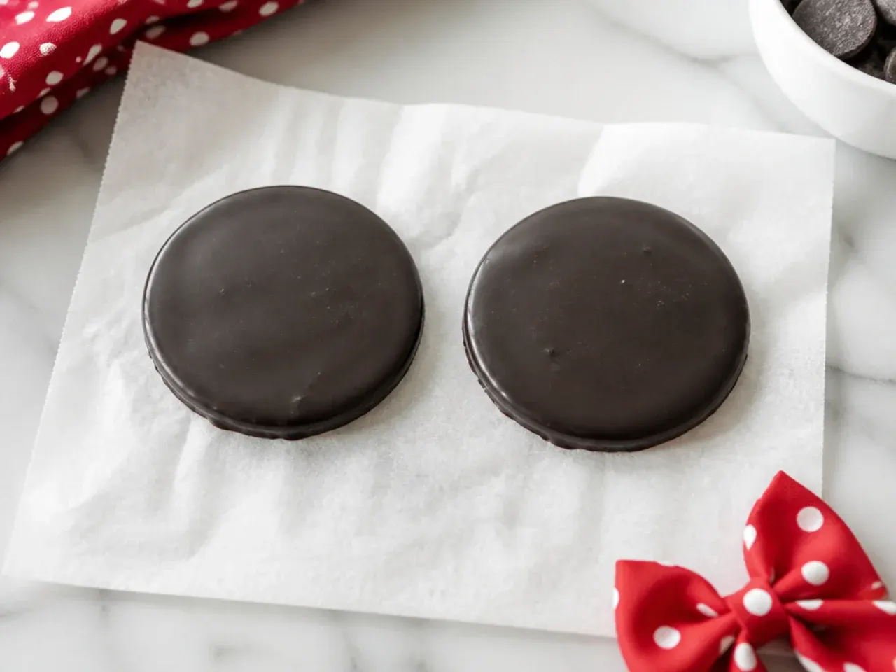 Black candy melt ear shapes setting on parchment paper for a homemade Minnie Mouse cake