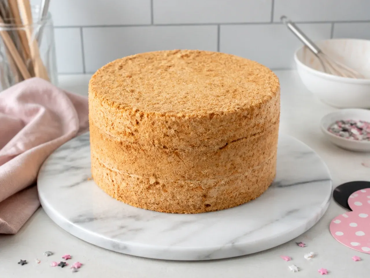 Crumb-coated sponge chilling before the pink layer on a homemade Minnie Mouse inspired cake