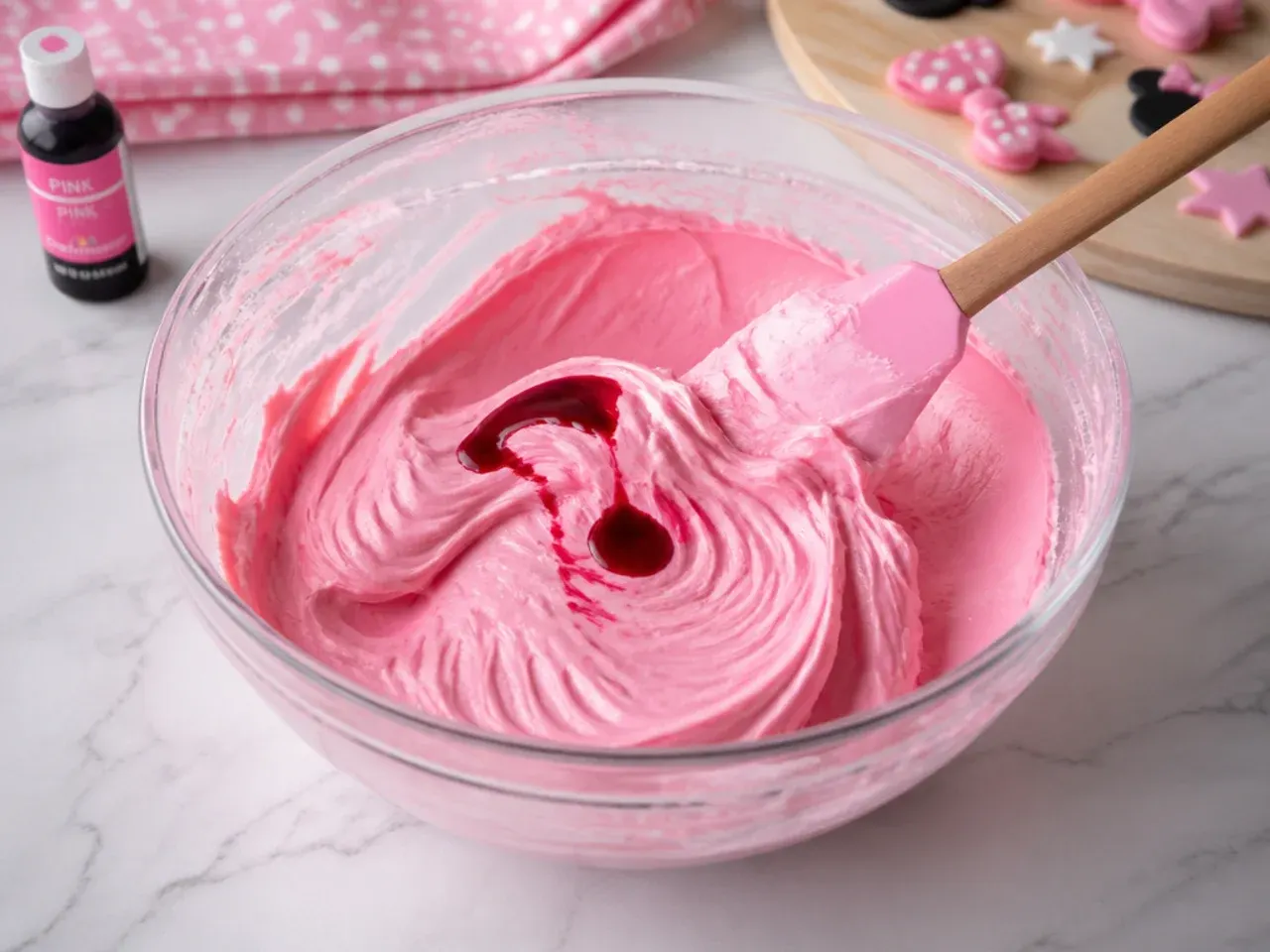 Pink gel food colouring being mixed into buttercream for a Minnie Mouse birthday cake