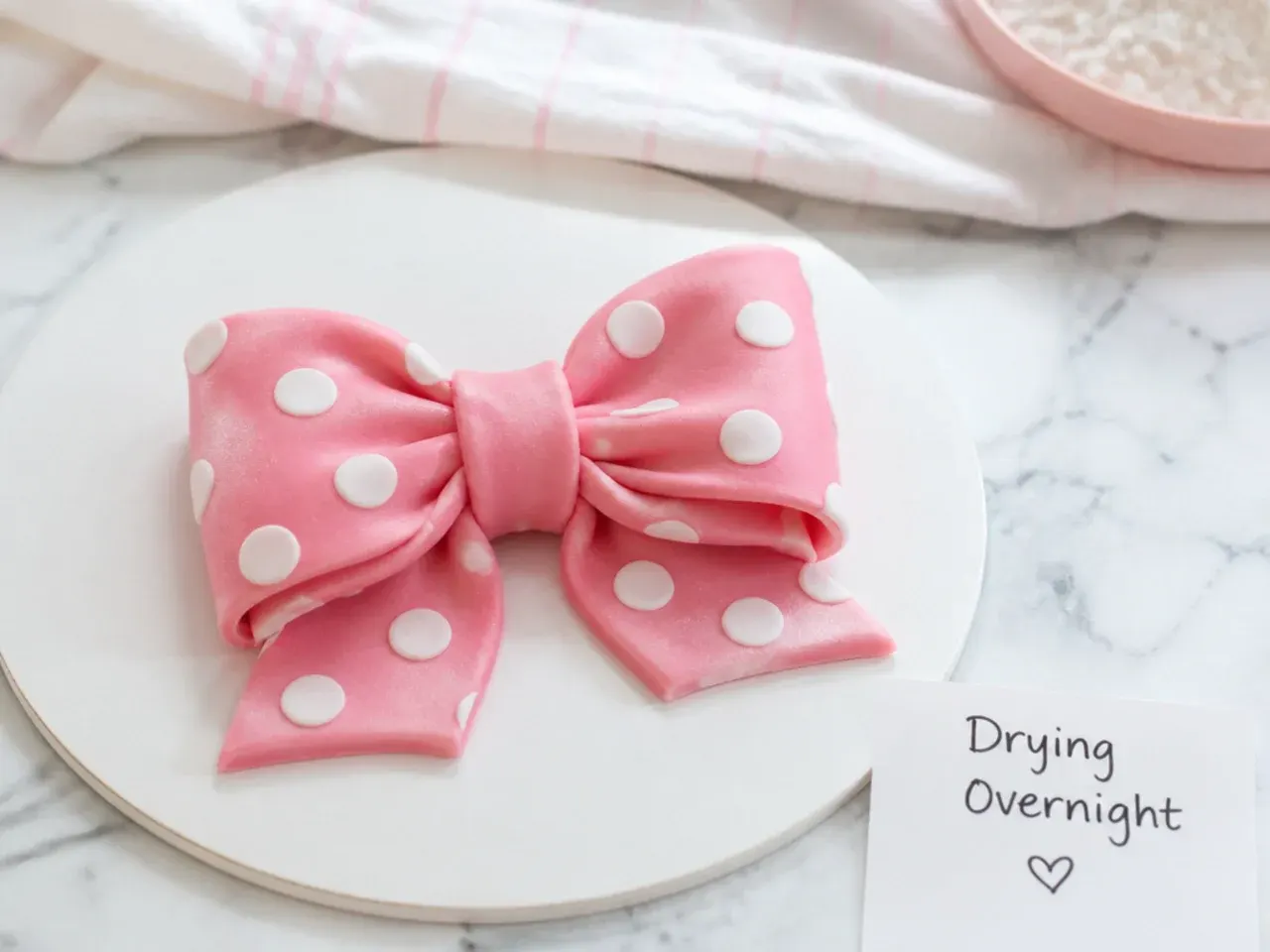 Handmade pink fondant bow with white dots drying overnight for a DIY Minnie Mouse cake