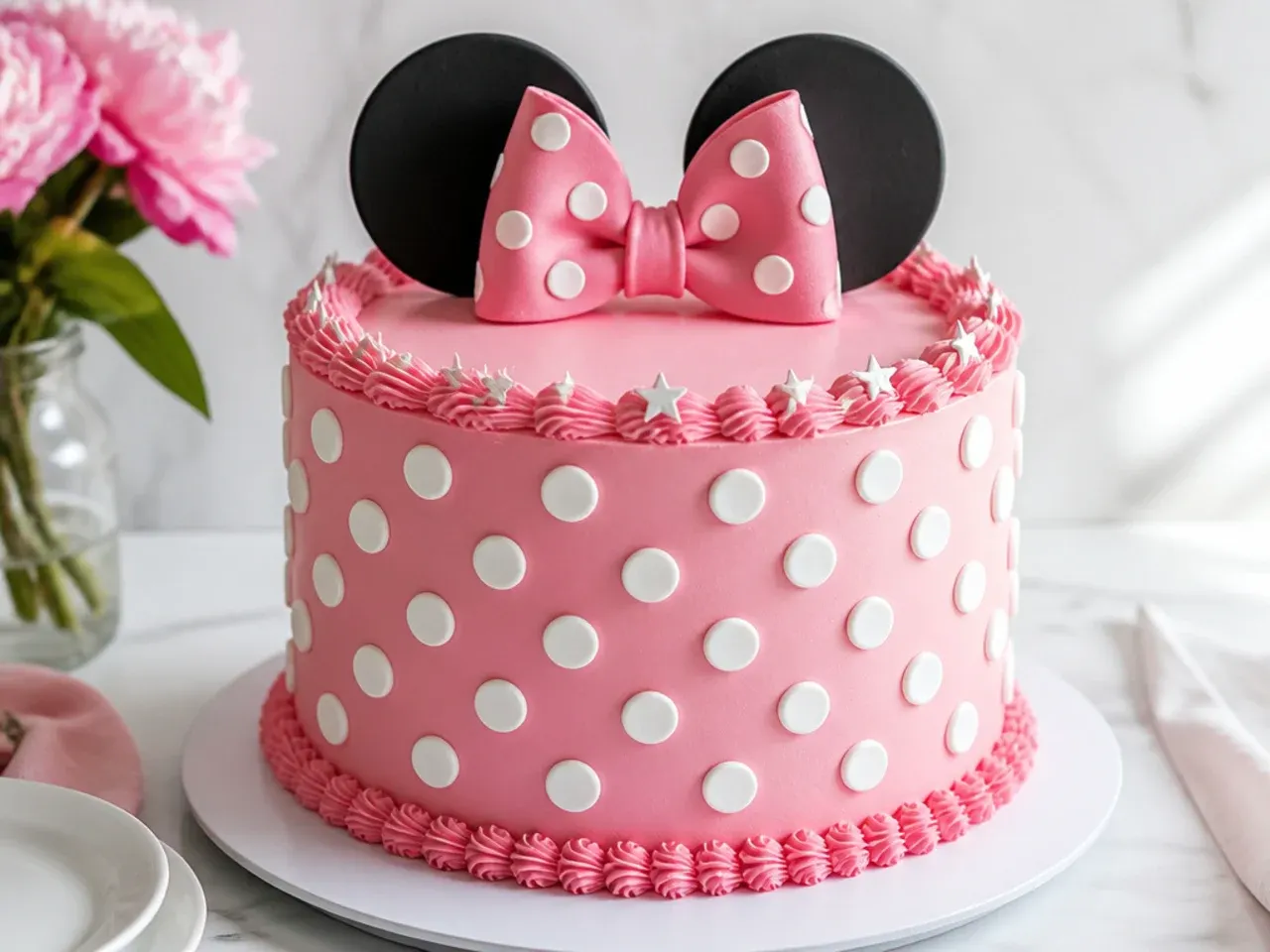White polka dots piped in offset rows on a pink Minnie Mouse inspired birthday cake