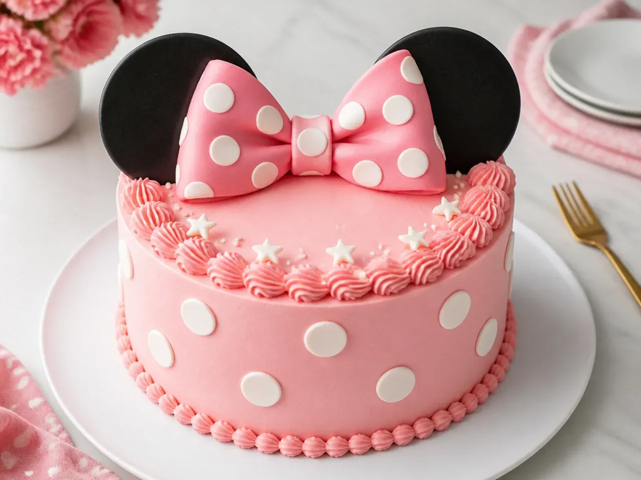 Finished homemade Minnie Mouse cake with pink frosting, white polka dots, bow and ear shapes