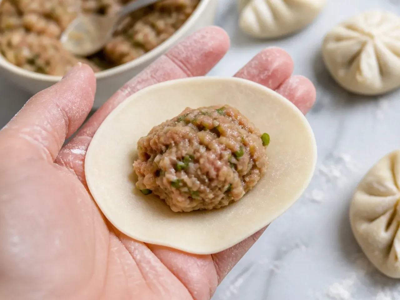 Homemade momo wrapper filled with a level tablespoon of chicken filling ready to seal