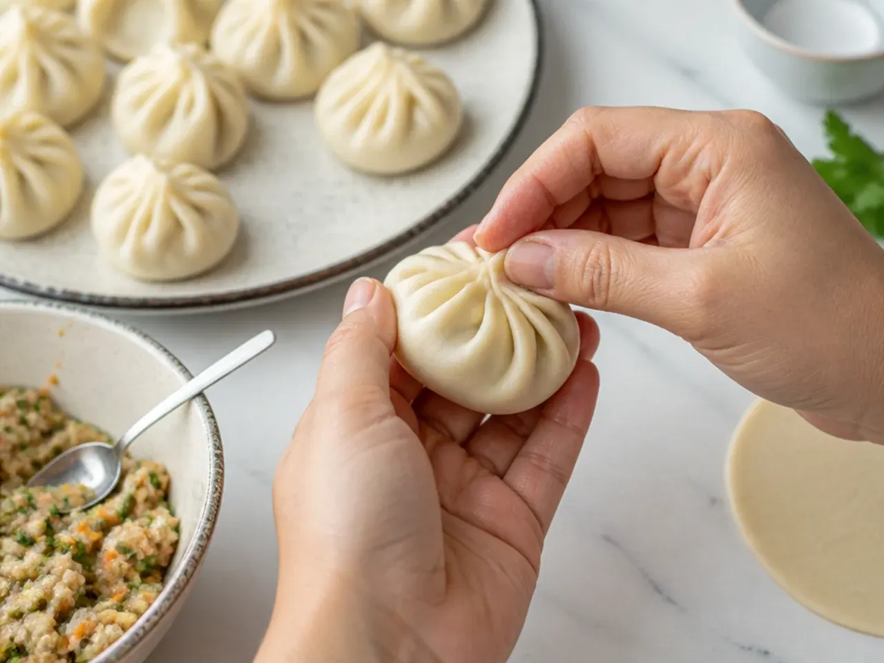 Hands pleating and sealing a homemade momo with a wet fingertip along the wrapper edge