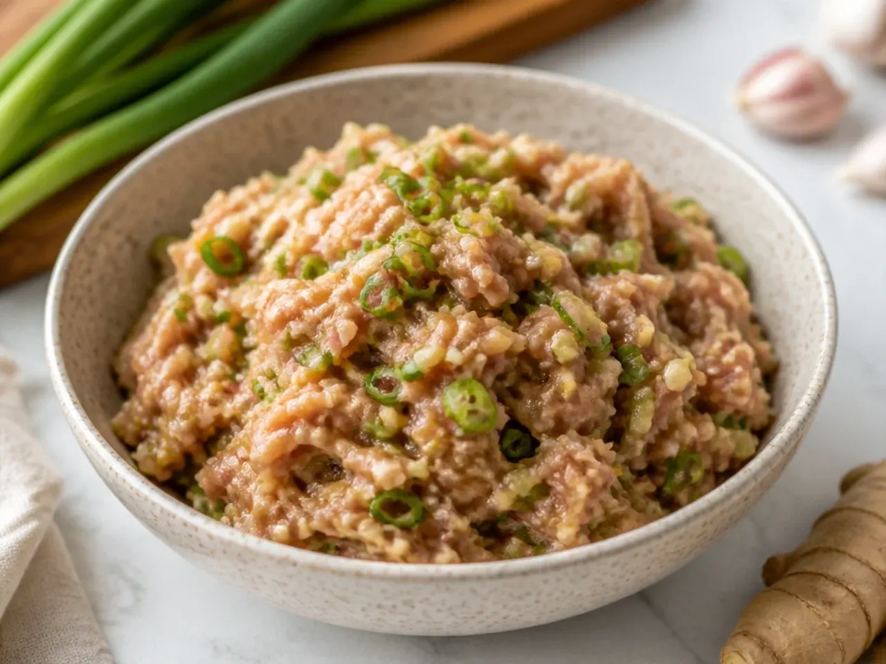 Juicy minced chicken thigh momo filling with ginger, garlic and spring onion in a bowl