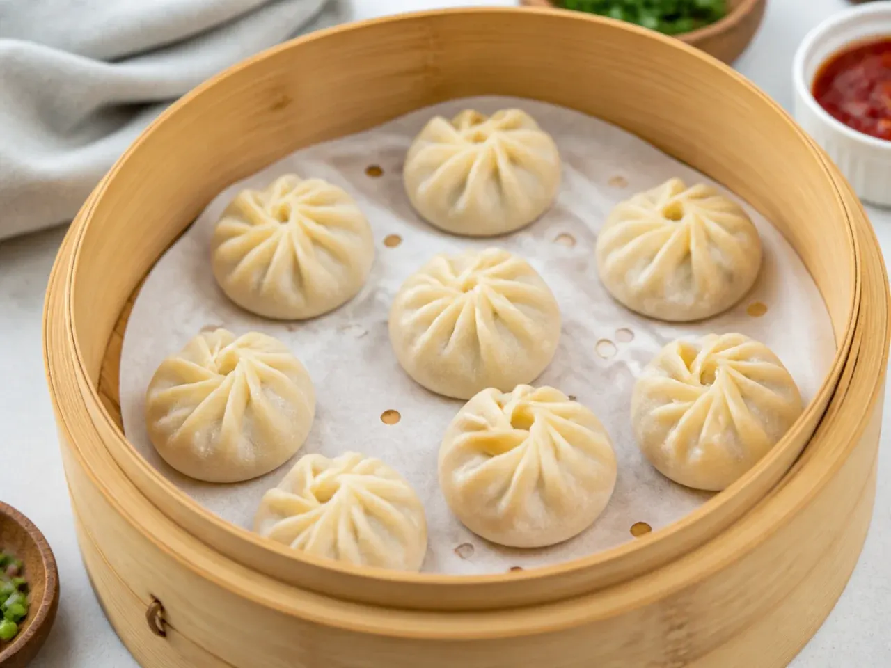 Homemade momos spaced apart on oiled parchment in a lined steamer basket before steaming