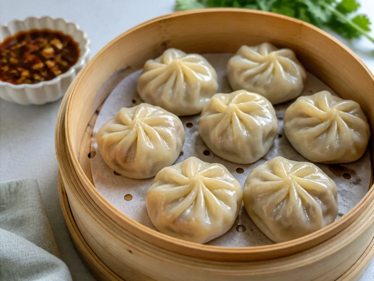 Perfectly steamed homemade momos with translucent skins fresh from the basket