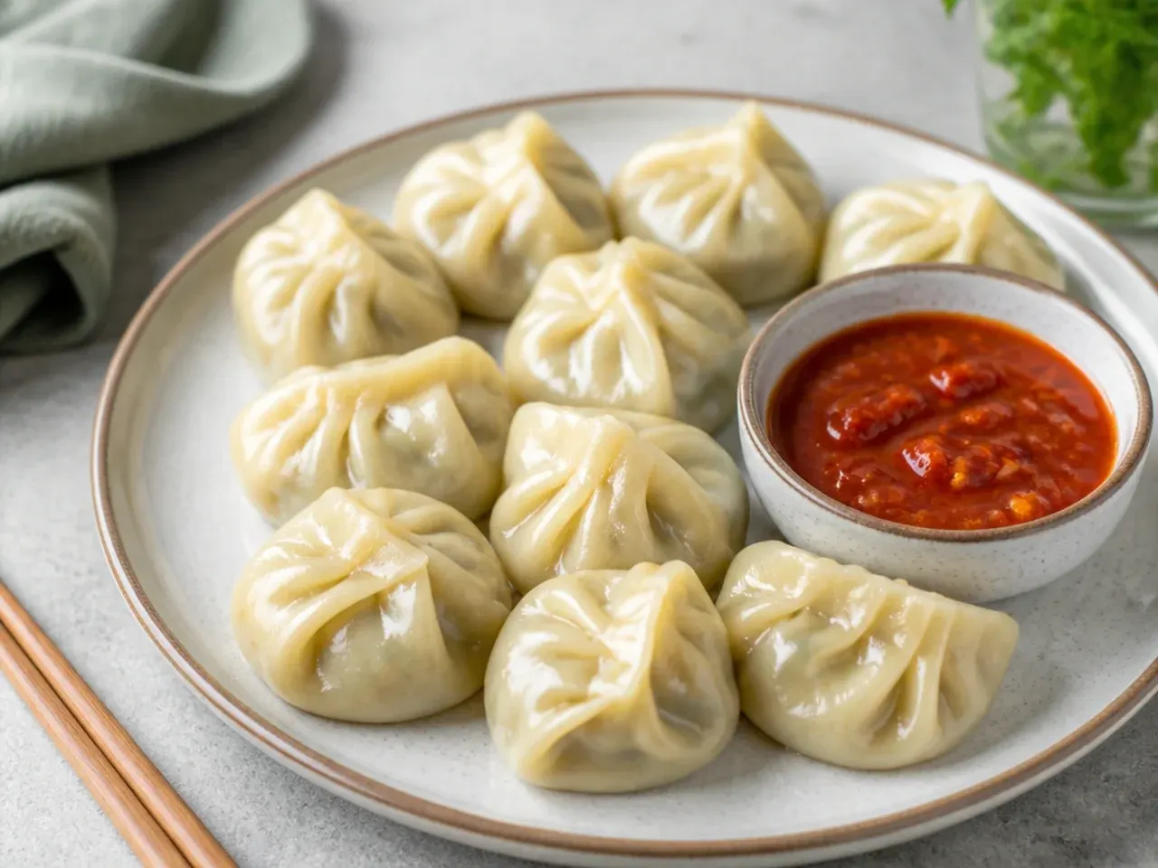 Plate of homemade momos served with spicy tomato-chilli achaar dipping sauce