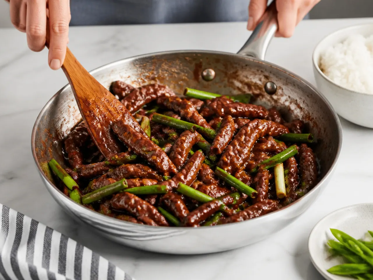 homemade mongolian beef — step 7: toss, finish, and serve