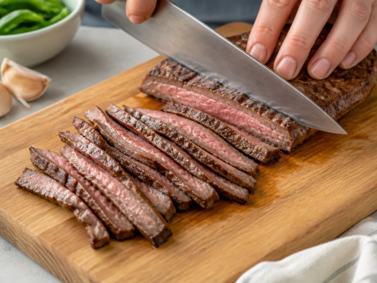 Flank steak being sliced thin against the grain for homemade Mongolian beef