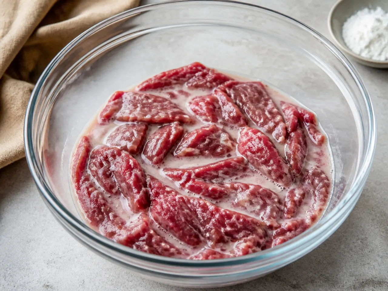 Sliced beef velveting in a baking soda and cornstarch marinade for tender Mongolian beef