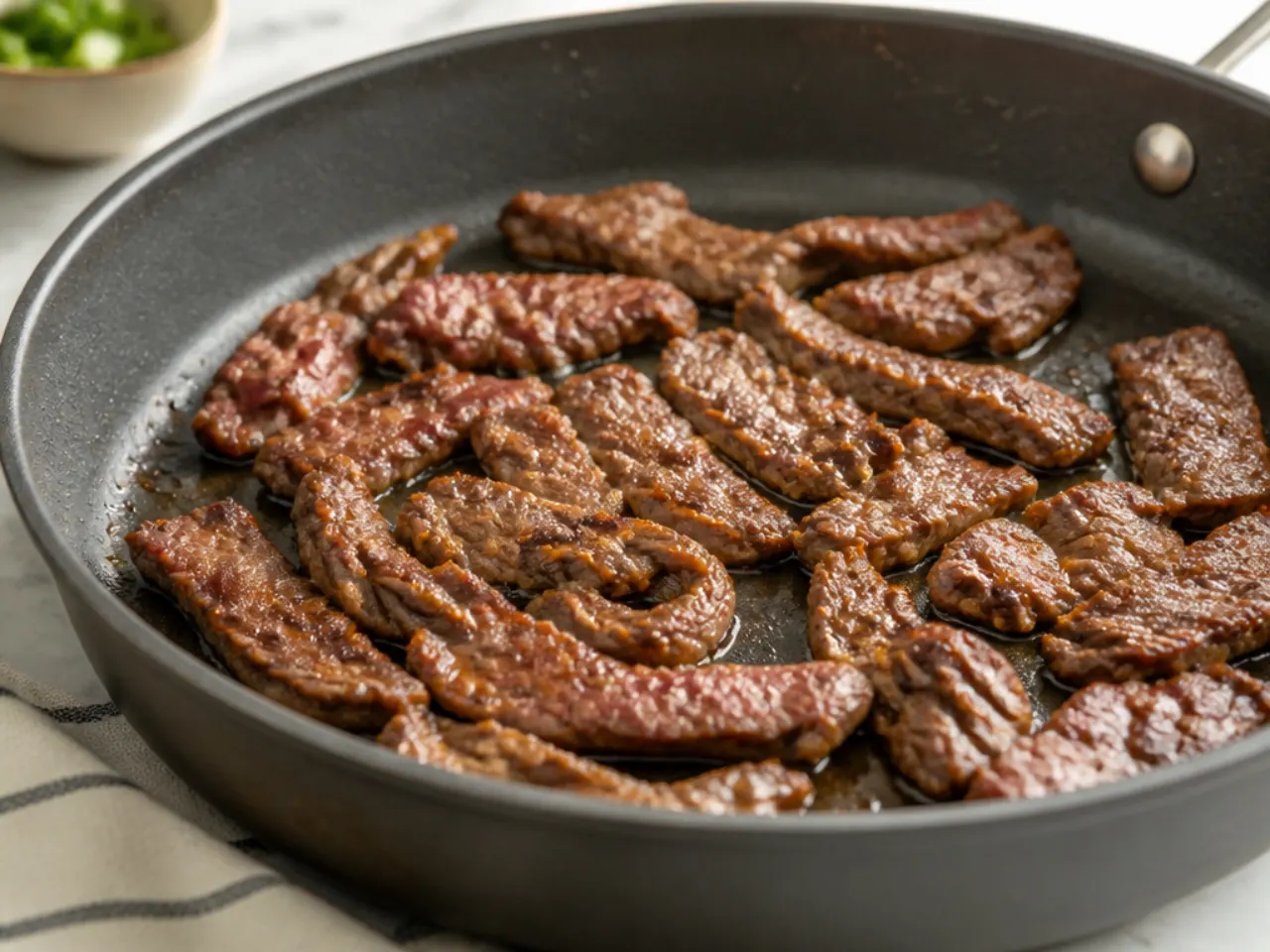 Cornstarch-coated beef strips searing in a hot pan for crispy homemade Mongolian beef