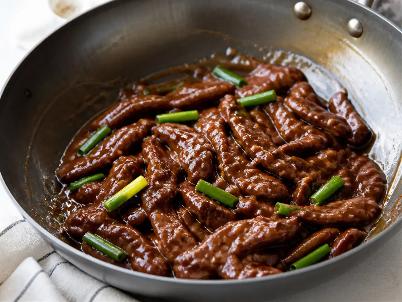 Glossy sticky sauce reducing and clinging to strips of homemade Mongolian beef
