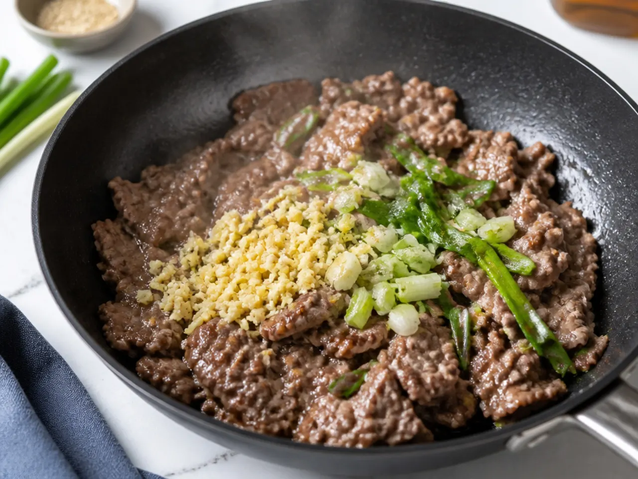 Garlic, ginger, and scallions added to the pan while cooking homemade Mongolian beef