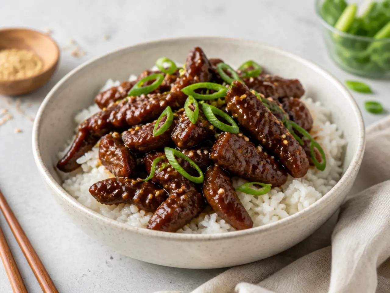 Finished homemade Mongolian beef served over rice with scallions on top