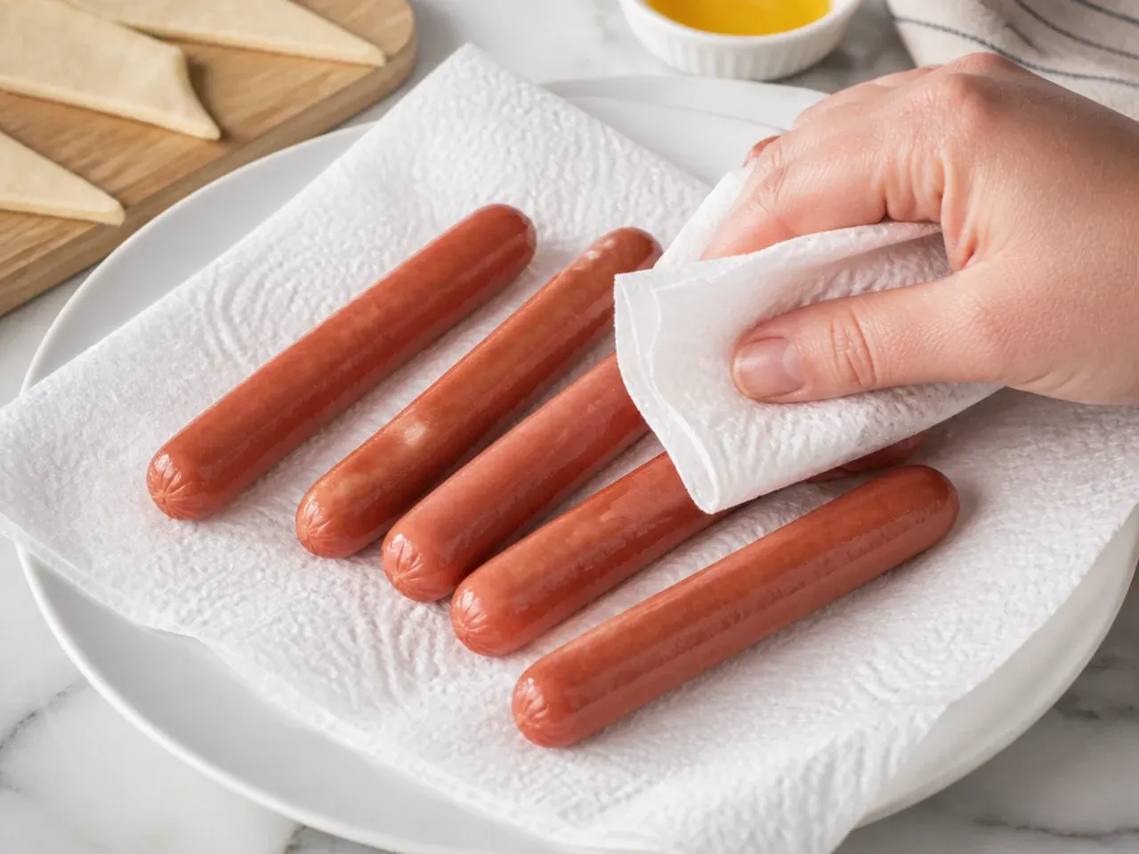 homemade pigs in a blanket — step 2: dry the sausages